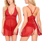 紅色性感透明蕾絲網紗掛脖睡裙(XL及XXL可選)