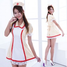 黃白色蕾絲純情束腰修身護士制服