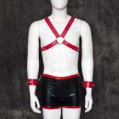 SM黑紅色男用胸帶束縛帶短褲手扣套裝