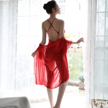 紅色交叉露背性感吊帶誘惑情趣睡裙浴袍套裝